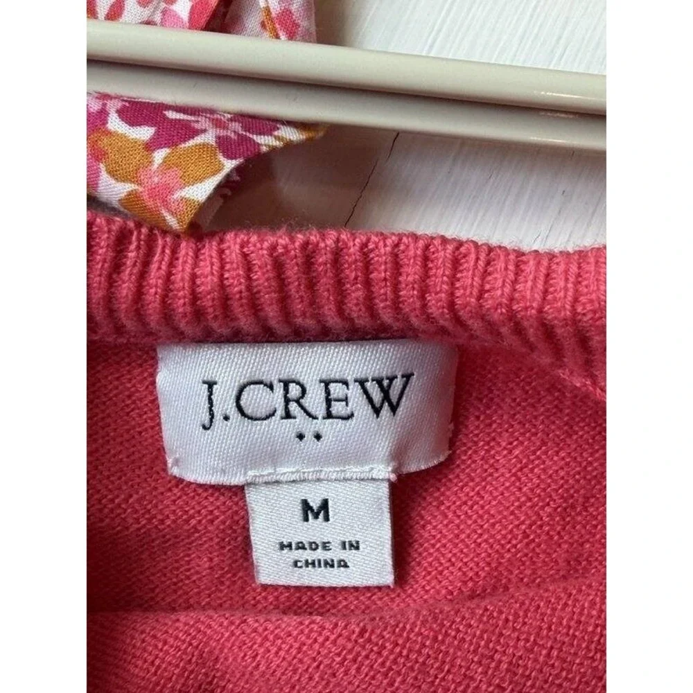 J Crew Womens Coral Pink Short Puff Sleeve Cotton Sweater Floral Back Neck Tie M